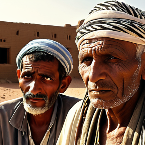 Home 15 **
"A Yemeni tribal elder, weathered face framed by a traditional headdress, mediating a dispute between two younger men in a desert landscape. Dusty tones, sunlight highlighting the textures of traditional clothing. Emphasis on the weight of tradition and responsibility in his expression. Background: mud-brick houses of a rural village. Realistic, detailed."
**