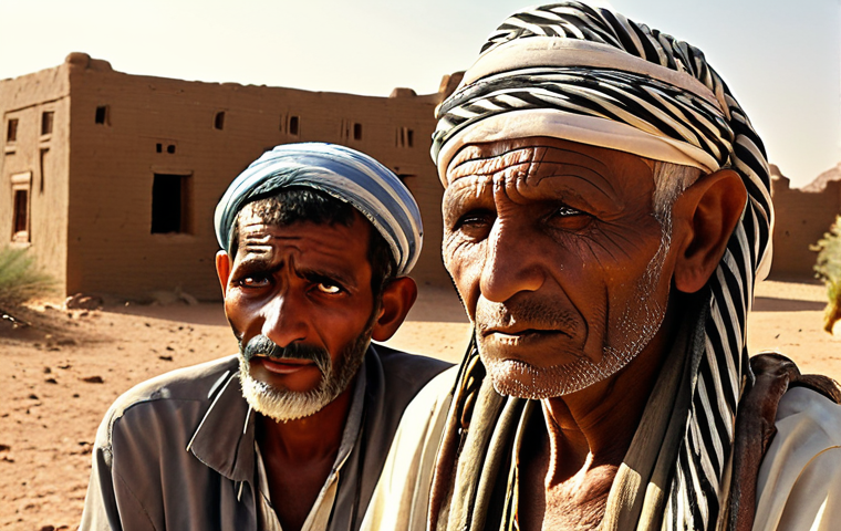 **
"A Yemeni tribal elder, weathered face framed by a traditional headdress, mediating a dispute between two younger men in a desert landscape. Dusty tones, sunlight highlighting the textures of traditional clothing. Emphasis on the weight of tradition and responsibility in his expression. Background: mud-brick houses of a rural village. Realistic, detailed."
**