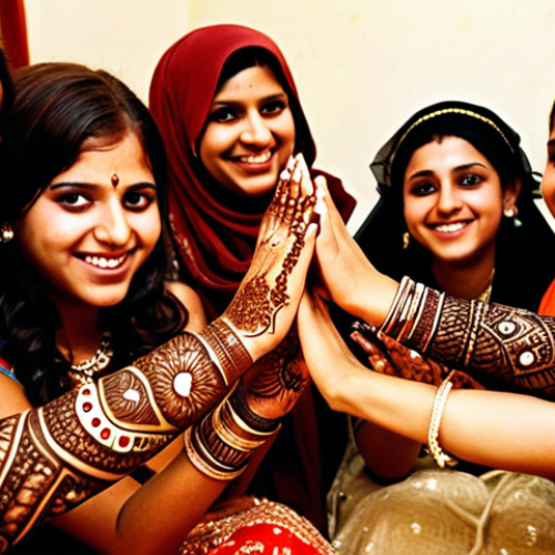 Home 14 **
A Yemeni bride adorned with intricate henna designs on her hands and arms, surrounded by smiling female relatives and friends in a traditionally decorated room. Soft, warm lighting emphasizes the details of the henna and the festive atmosphere of the Henna Night. Focus on the joy and celebration of femininity.
**