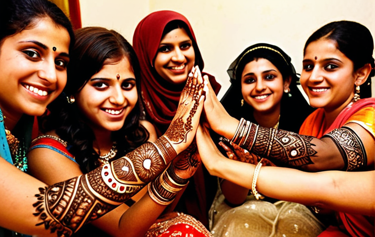 **
A Yemeni bride adorned with intricate henna designs on her hands and arms, surrounded by smiling female relatives and friends in a traditionally decorated room. Soft, warm lighting emphasizes the details of the henna and the festive atmosphere of the Henna Night. Focus on the joy and celebration of femininity.
**