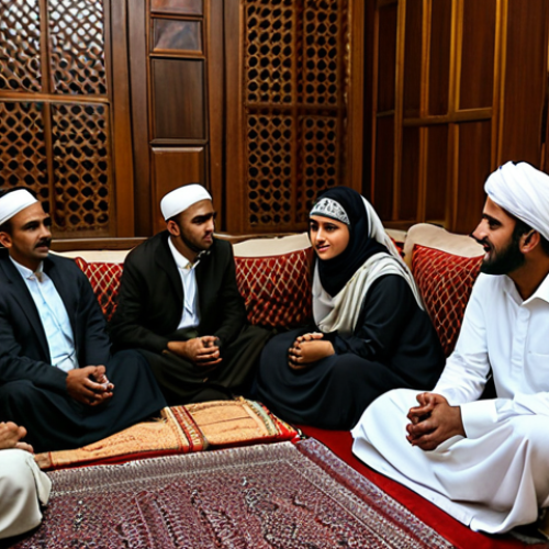Home 7 A group of Yemeni adults, both men and women, respectfully gathered in a traditional, warmly lit sitting room. The men are in one area, the women in another, all engaged in calm conversation and social interaction, embodying community bonds. They are fully clothed in elegant, modest traditional Yemeni attire, including long dresses and head coverings for women, and thobes and headscarves for men. The room features ornate cushions and low tables, creating an inviting and culturally rich atmosphere. Professional photography, high quality, realistic, detailed. safe for work, appropriate content, fully clothed, family-friendly, perfect anatomy, correct proportions, natural pose, well-formed hands, proper finger count, natural body proportions.