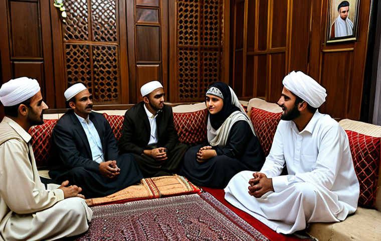 A group of Yemeni adults, both men and women, respectfully gathered in a traditional, warmly lit sitting room. The men are in one area, the women in another, all engaged in calm conversation and social interaction, embodying community bonds. They are fully clothed in elegant, modest traditional Yemeni attire, including long dresses and head coverings for women, and thobes and headscarves for men. The room features ornate cushions and low tables, creating an inviting and culturally rich atmosphere. Professional photography, high quality, realistic, detailed. safe for work, appropriate content, fully clothed, family-friendly, perfect anatomy, correct proportions, natural pose, well-formed hands, proper finger count, natural body proportions.