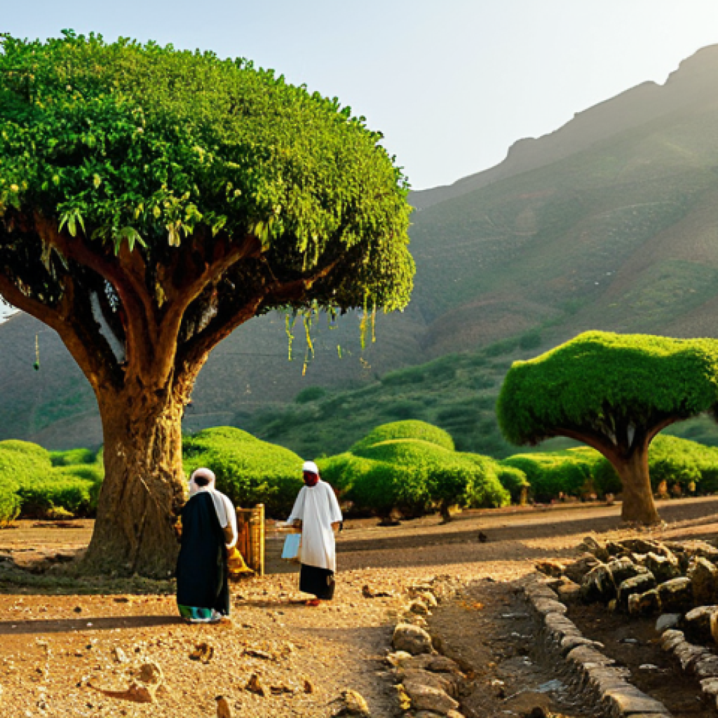 Ancient Frankincense Harvest in Yemen**

"A vibrant scene depicting the frankincense harvest in the Dhofar mountains of Yemen, appropriate content, safe for work. Fully clothed workers in traditional Yemeni attire carefully collecting resin tears from Boswellia trees. Background features a lush, green landscape with rolling hills and traditional architecture. Golden sunlight illuminates the scene. perfect anatomy, natural proportions, well-formed hands, proper finger count, professional photography, high quality, modest, family-friendly."

**
