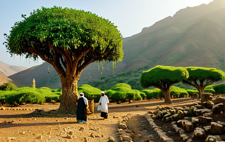 Ancient Frankincense Harvest in Yemen**

"A vibrant scene depicting the frankincense harvest in the Dhofar mountains of Yemen, appropriate content, safe for work. Fully clothed workers in traditional Yemeni attire carefully collecting resin tears from Boswellia trees. Background features a lush, green landscape with rolling hills and traditional architecture. Golden sunlight illuminates the scene. perfect anatomy, natural proportions, well-formed hands, proper finger count, professional photography, high quality, modest, family-friendly."

**