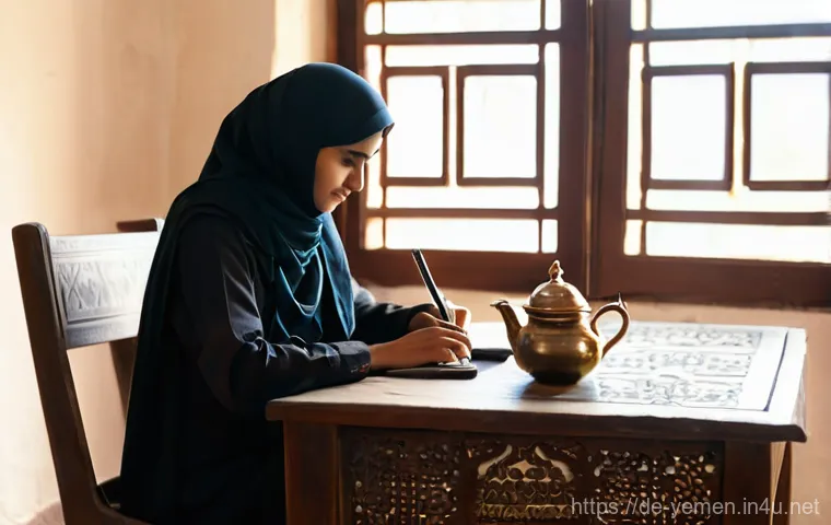 예멘 공용어 아랍어 학습법 - **Prompt: Immersive Yemeni Arabic Study Session**
    "A young adult, approximately 20-25 years old,...
