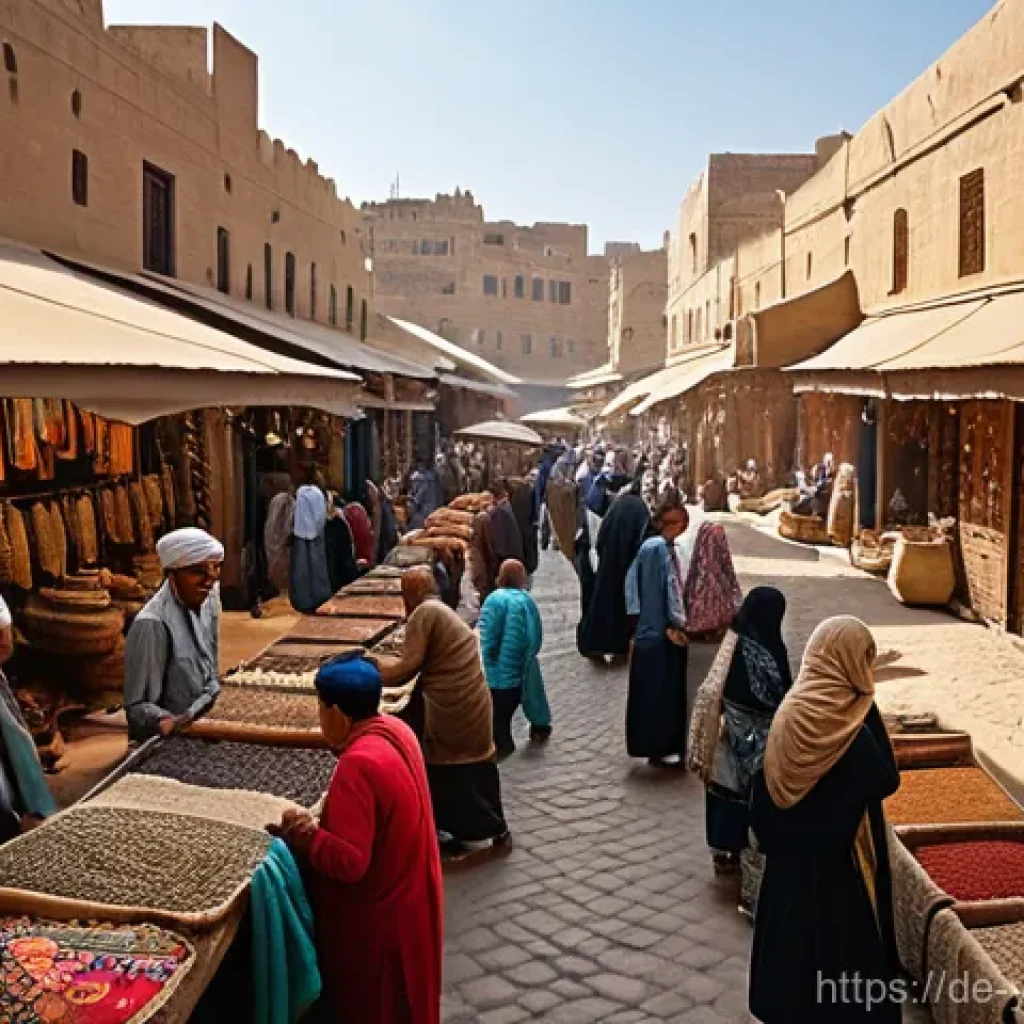 예멘 전통 시장 수크  체험 - **A Bustling Yemeni Souk at Daytime:** A wide shot of a vibrant, traditional Yemeni souk. Narrow, wi...