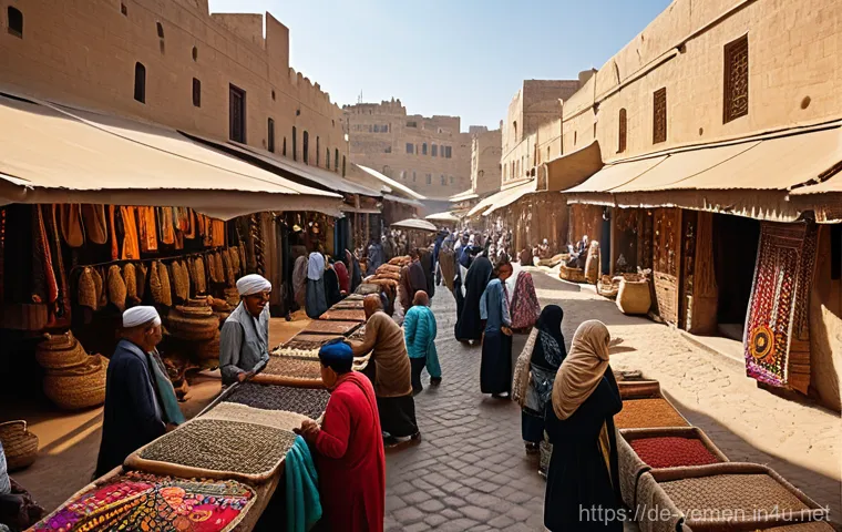 예멘 전통 시장 수크  체험 - **A Bustling Yemeni Souk at Daytime:** A wide shot of a vibrant, traditional Yemeni souk. Narrow, wi...
