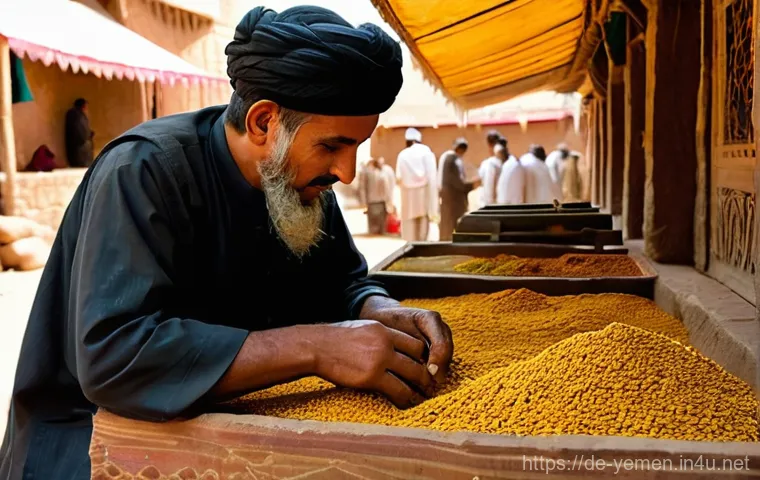 예멘 전통 시장 수크  체험 - **A Bustling Yemeni Souk at Daytime:** A wide shot of a vibrant, traditional Yemeni souk. Narrow, wi...