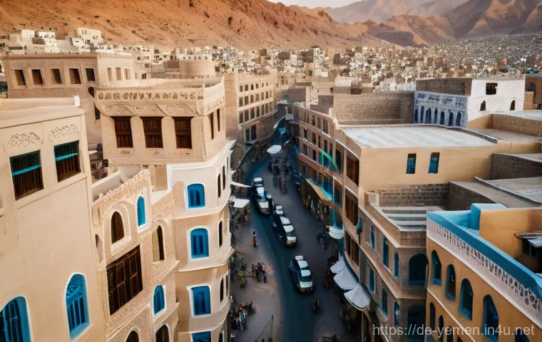 예멘 역사적 문헌과 고고학 - **Prompt:** A wide-angle shot capturing the magnificent Old City of Sanaa, Yemen, at golden hour. Th...