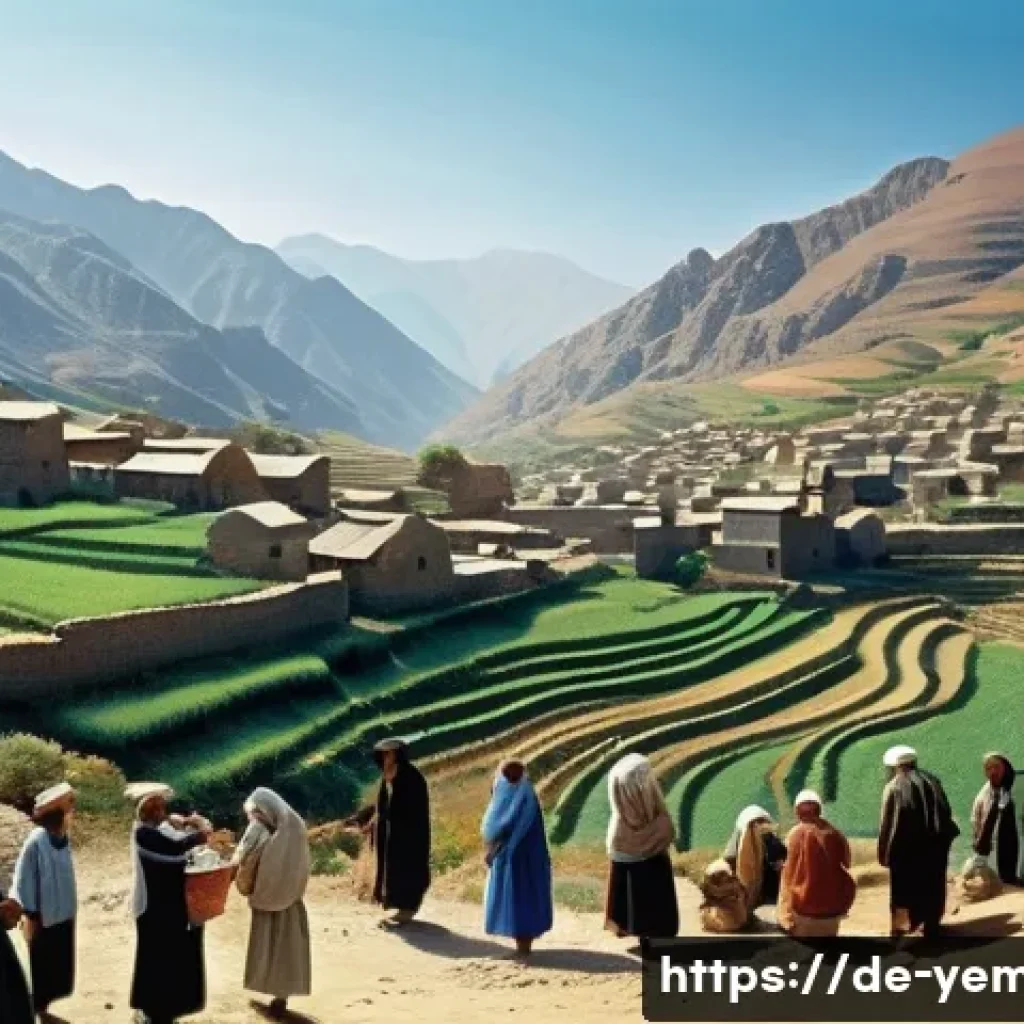 예멘 후티 반군 - A detailed and realistic scene of a mountainous northern Yemen village in the 1990s, showing traditi...
