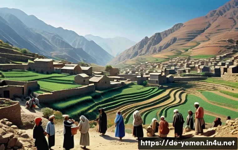 예멘 후티 반군 - A detailed and realistic scene of a mountainous northern Yemen village in the 1990s, showing traditi...