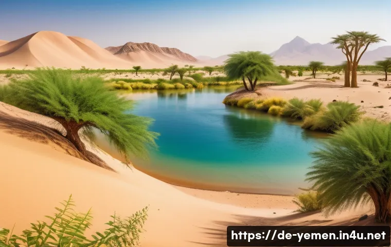 예멘의 사막 생태와 동물 - A detailed scene of a Yemeni desert oasis at midday, showcasing lush green acacia trees with deep ro...