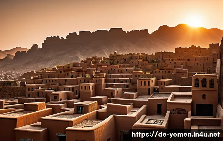 예멘 현대 건축과 도시화 문제 - A traditional Yemeni cityscape at sunset showcasing ancient mudbrick buildings with intricate geomet...