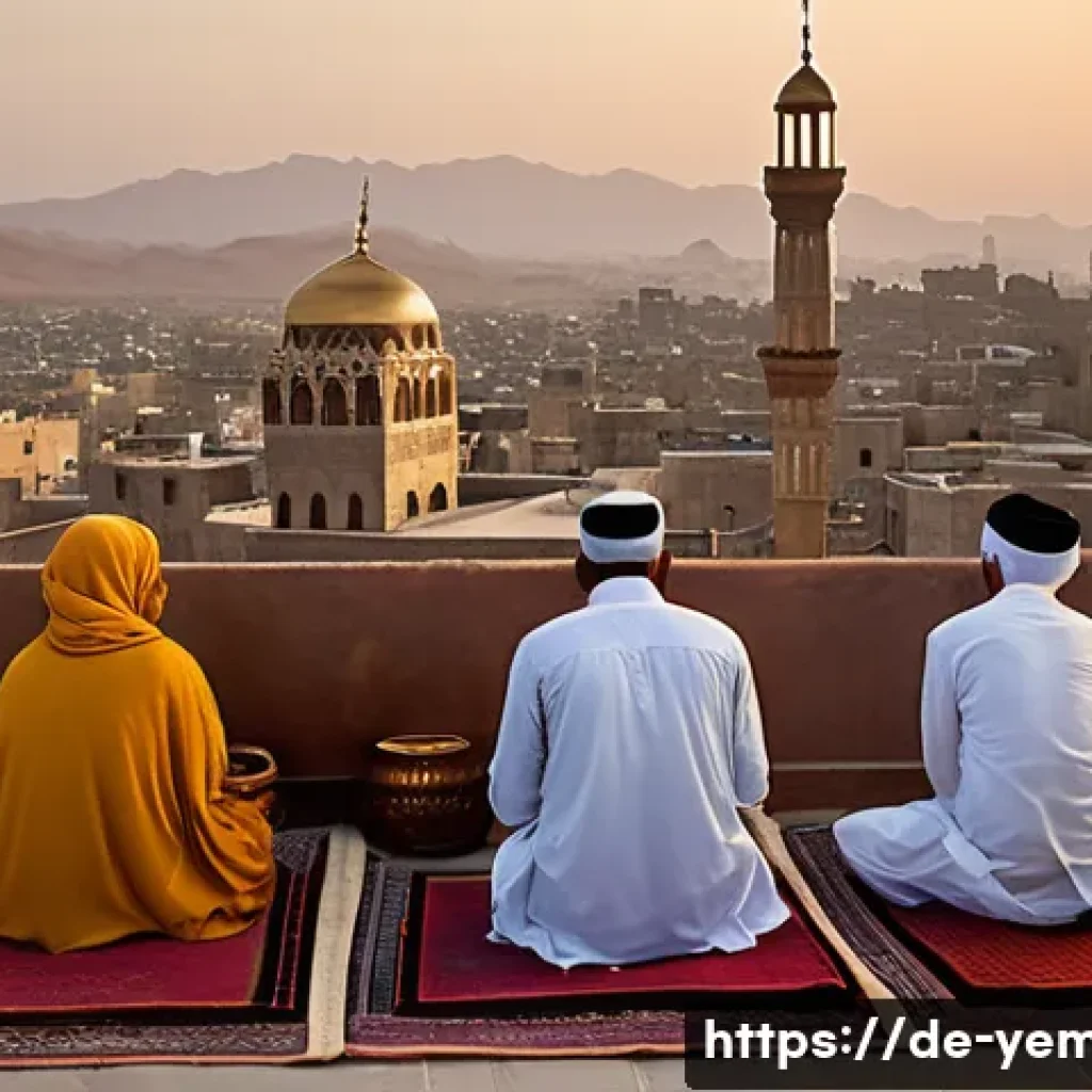 예멘 종교와 라마단 문화 - A serene early morning scene on a rooftop terrace in Sanaa, Yemen, with a diverse family dressed mod...