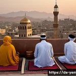 Home 22 예멘 종교와 라마단 문화 - A serene early morning scene on a rooftop terrace in Sanaa, Yemen, with a diverse family dressed mod...