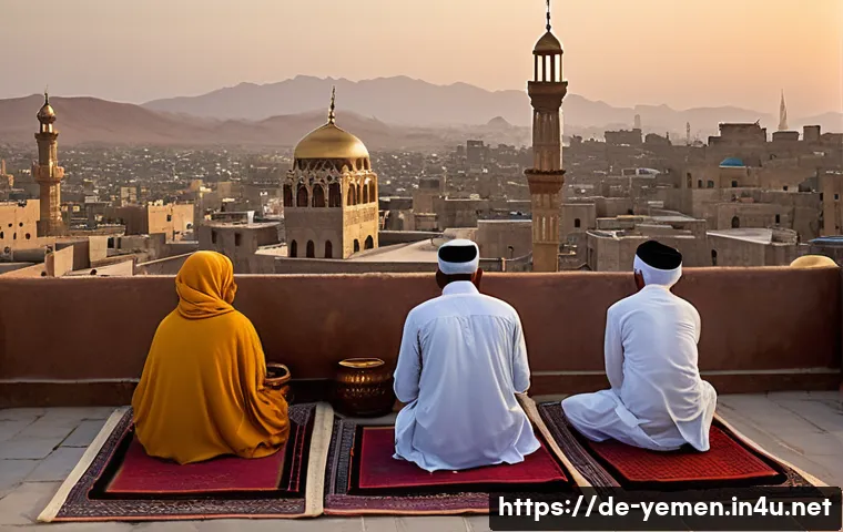 예멘 종교와 라마단 문화 - A serene early morning scene on a rooftop terrace in Sanaa, Yemen, with a diverse family dressed mod...