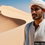 Home 21 예멘의 기후와 의복 스타일 - A traditional Yemeni man standing in a sunlit desert landscape wearing a loose, lightweight cotton t...