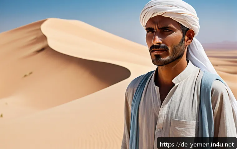 예멘의 기후와 의복 스타일 - A traditional Yemeni man standing in a sunlit desert landscape wearing a loose, lightweight cotton t...