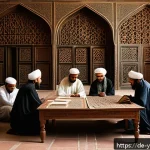Home 20 예멘과 이슬람 신학의 관계 - A detailed historical scene of medieval Yemeni scholars in a grand religious study hall in the city ...