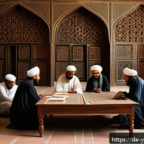Home 32 예멘과 이슬람 신학의 관계 - A detailed historical scene of medieval Yemeni scholars in a grand religious study hall in the city ...