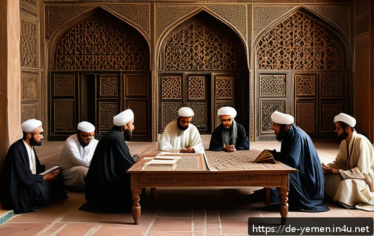 예멘과 이슬람 신학의 관계 - A detailed historical scene of medieval Yemeni scholars in a grand religious study hall in the city ...