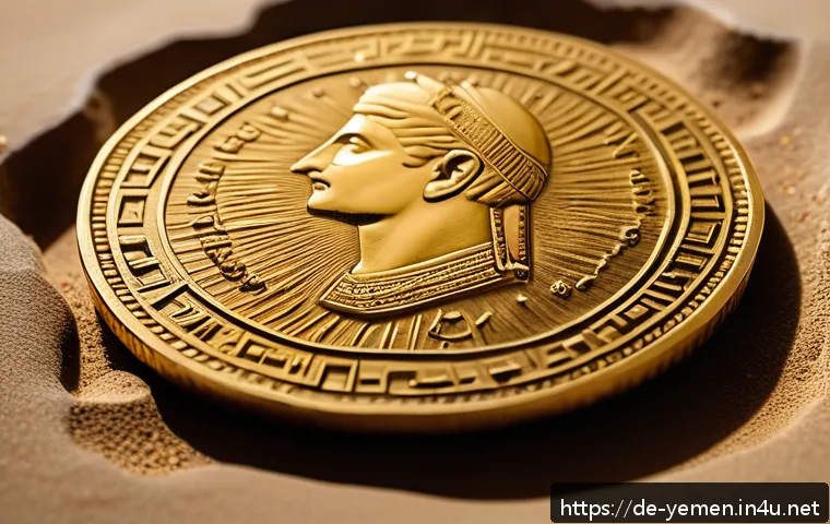 예멘 고대 동전과 화폐 역사 - A detailed close-up of an ancient Yemeni gold Qatabanian Dinar coin, featuring a finely engraved rul...