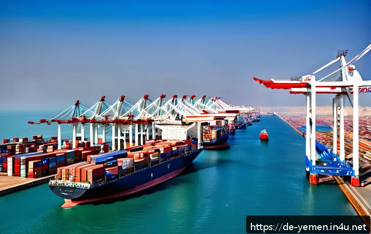 예멘의 주요 항구 아덴 Aden - A bustling modern port at the Bab al-Mandab strait, showing large container ships docked at advanced...
