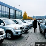 Home 23 예멘 중고차 시장 - A detailed scene of a bustling used car market in Germany, featuring a variety of popular models suc...