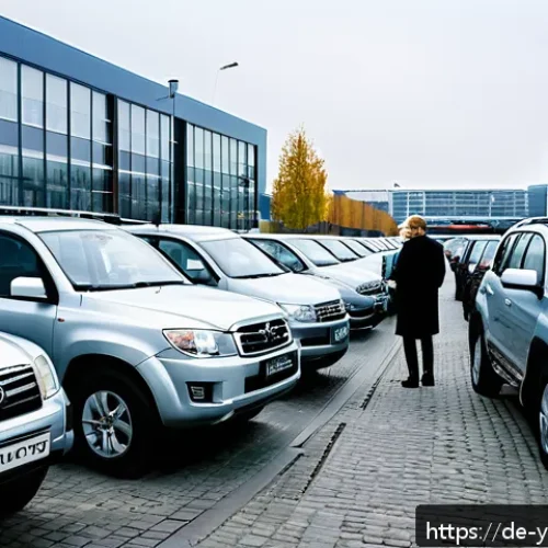 Home 17 예멘 중고차 시장 - A detailed scene of a bustling used car market in Germany, featuring a variety of popular models suc...