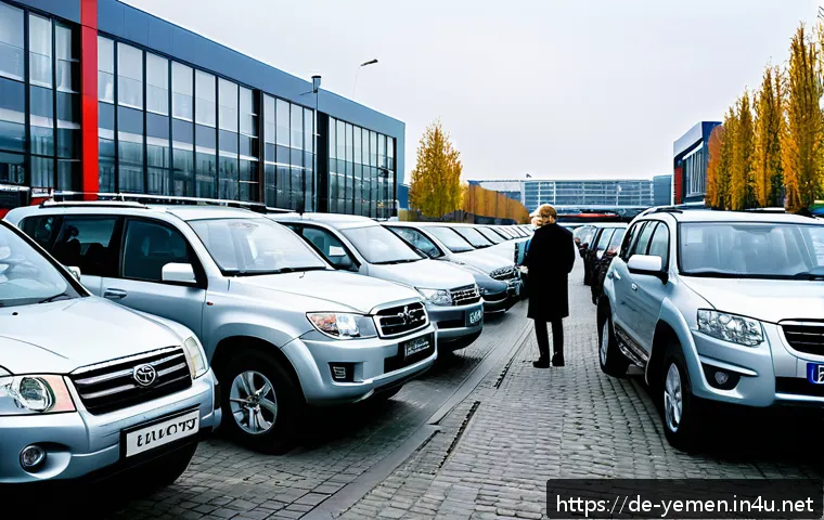 예멘 중고차 시장 - A detailed scene of a bustling used car market in Germany, featuring a variety of popular models suc...