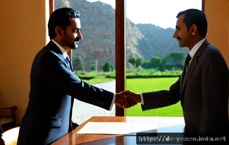 Home 17 예멘 남북 통일 사건 1990 - Photorealistic historical editorial scene of Yemen’s 1990 unification, two dignified Yemeni politica...