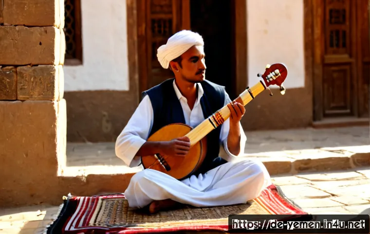 예멘 전통 음악과 악기 - Photorealistic editorial scene of a Yemeni traditional musician seated on a woven rug in a historic ...