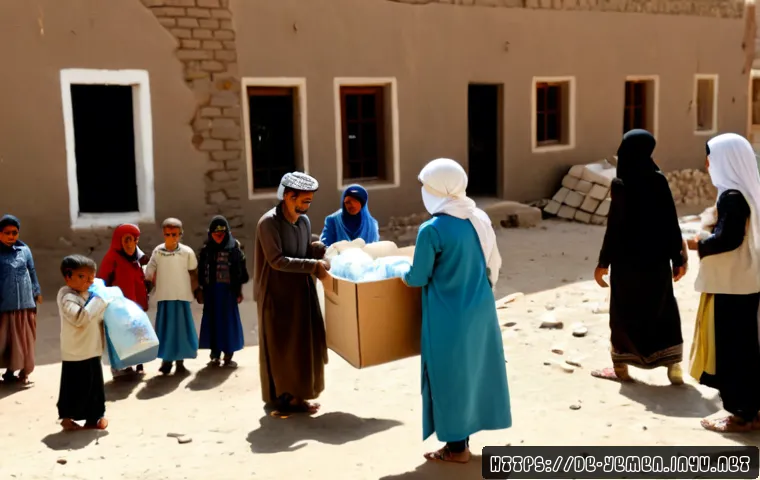 예멘 내전 생존자를 위한 인도적 지원 - Photorealistic humanitarian aid distribution in a Yemeni village, a diverse relief team handing seal...